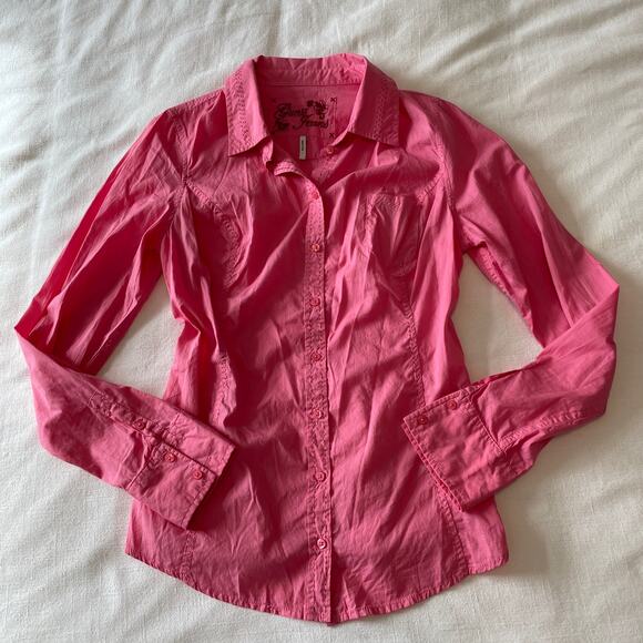 Vintage Guess Jeans Pink Button Up Long Sleeve Blouse Top Women's Medium - Picture 1 of 9